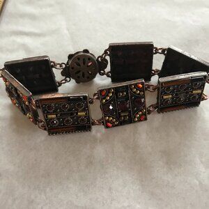 Vintage Copper Tile Link Bracelet w/Faceted Stones - 7" Long
